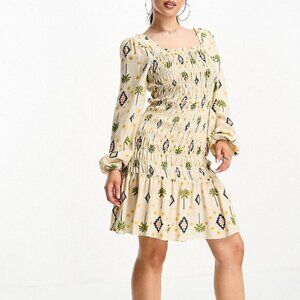 NEVER FULLY DRESSED Petite shirred mini dress in gold palm print - SIZE 12